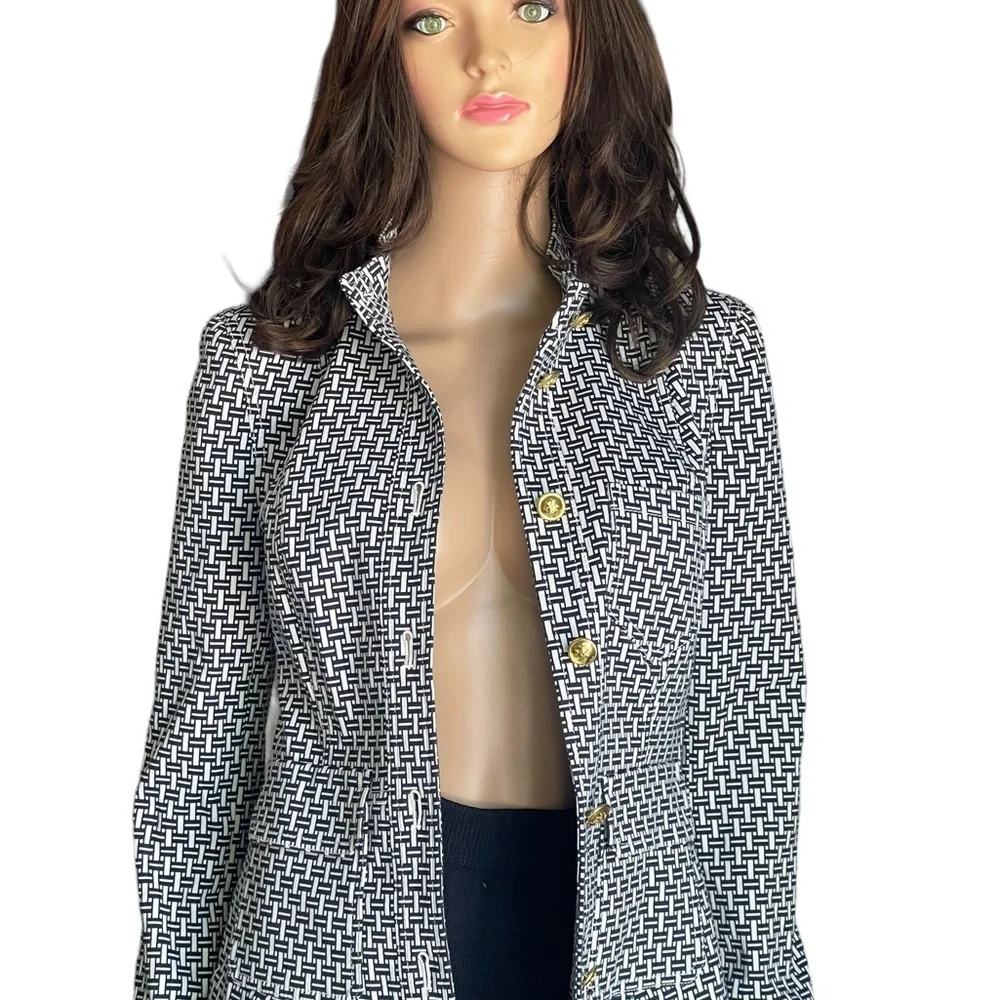 Tory Burch Cameron Crosshatch-print Jacket IvoryNavy with a Mandarin Collar SZ 2